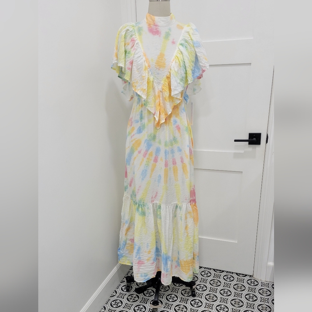Young Fabulous & Broke Cruz Ruffle Open Back Colorful Tie-Dye Maxi Dress Size XS